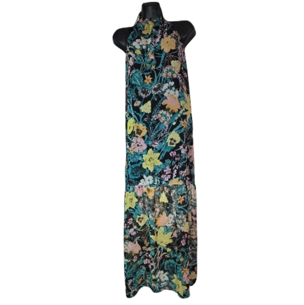 Zara's Floral Halter Maxi Dress Drop Waist Backless - Black and Multicolor